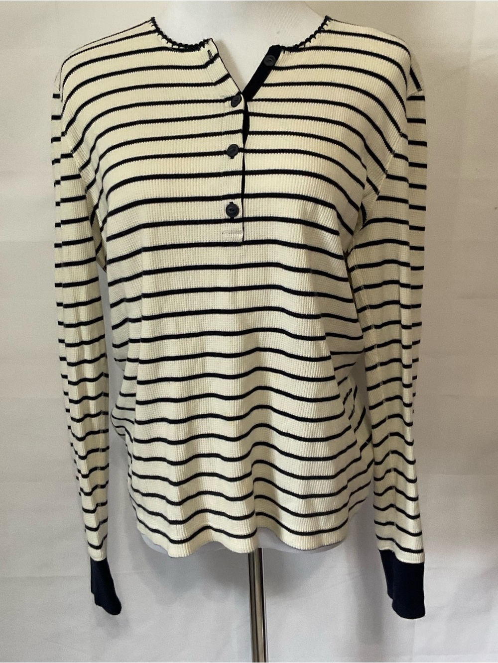 Lauren Ralph Lauren Cream and Navy Striped Long Sleeve Henley Size XL